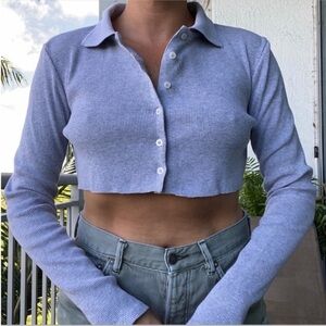 Brandy Melville Gray Collar Long Sleeve Crop Top